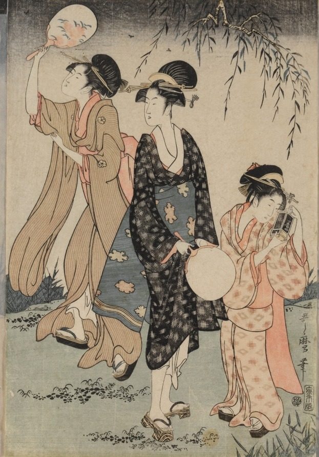 Catching Fireflies Beneath a Willow Tree (center) by Kitagawa Utamaro (Japanese, c. 1754–1806)