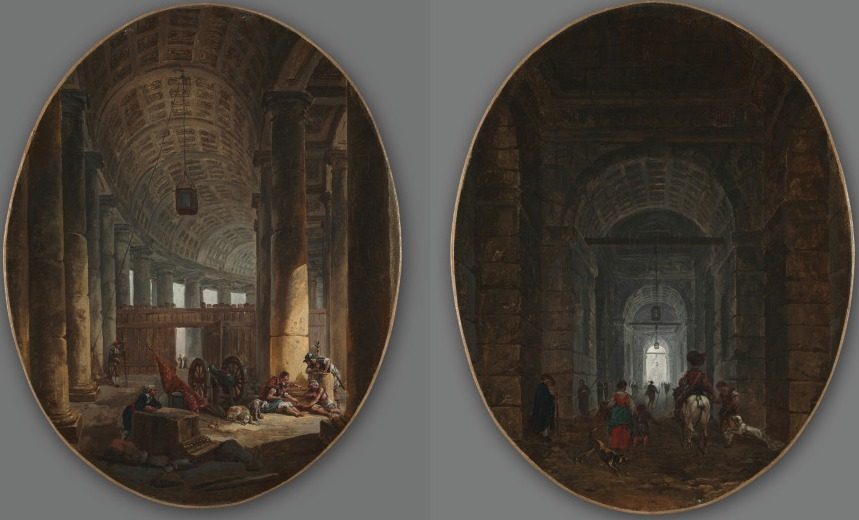 Pair of Paintings: The Colonnade of St. Peter's, Rome, during the Conclave and The Grotto of Posillipo by Hubert Robert (French, 1733–1808)
