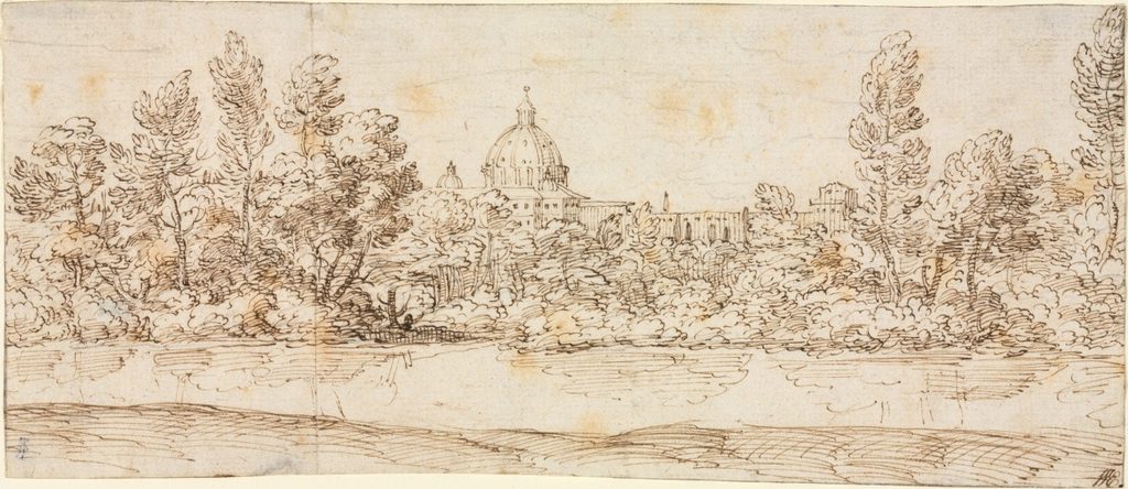 River Landscape with View of St. Peter's Basilica by Giovanni Francesco Grimaldi (Italian, 1606–1680)