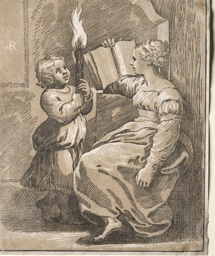 Sibyl Reading with a Child Holding a Torch by Ugo da Carpi (Italian, c. 1479–c. 1532)
