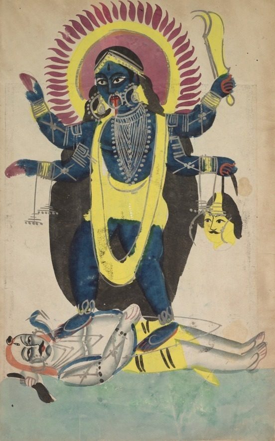 Kali Dancing on Shiva (recto), from a Kalighat album