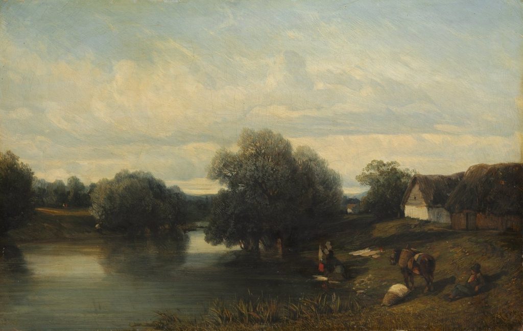 Cottage by the River with Washerwomen by Camille Flers (French, 1802–1868)