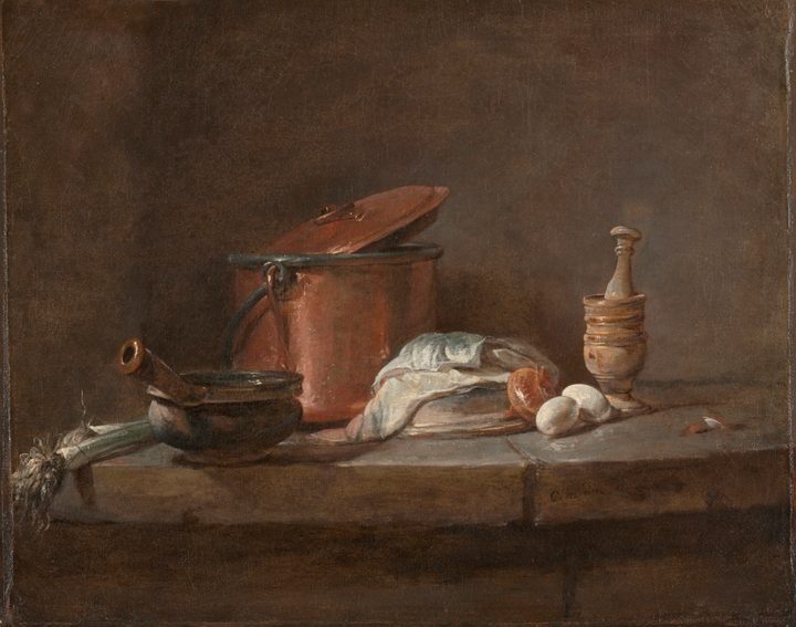 Kitchen Utensils with Leeks, Fish, and Eggs by Jean-Siméon Chardin (French, 1699–1779)
