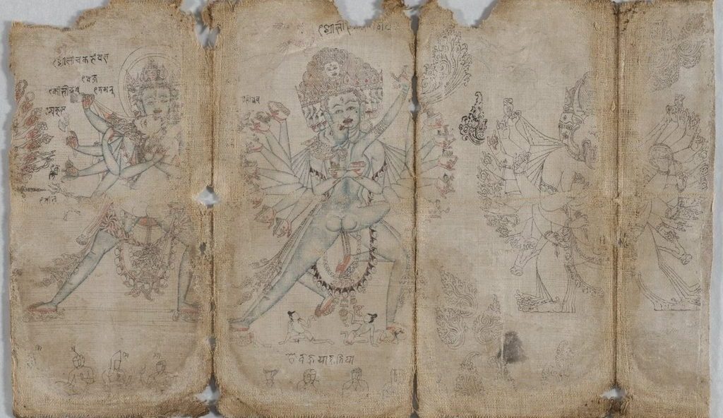 Iconographic Drawings: Chakrashamvara with Vajravarahi, Hevajra with Nairatmya, and Yamantaka (verso)