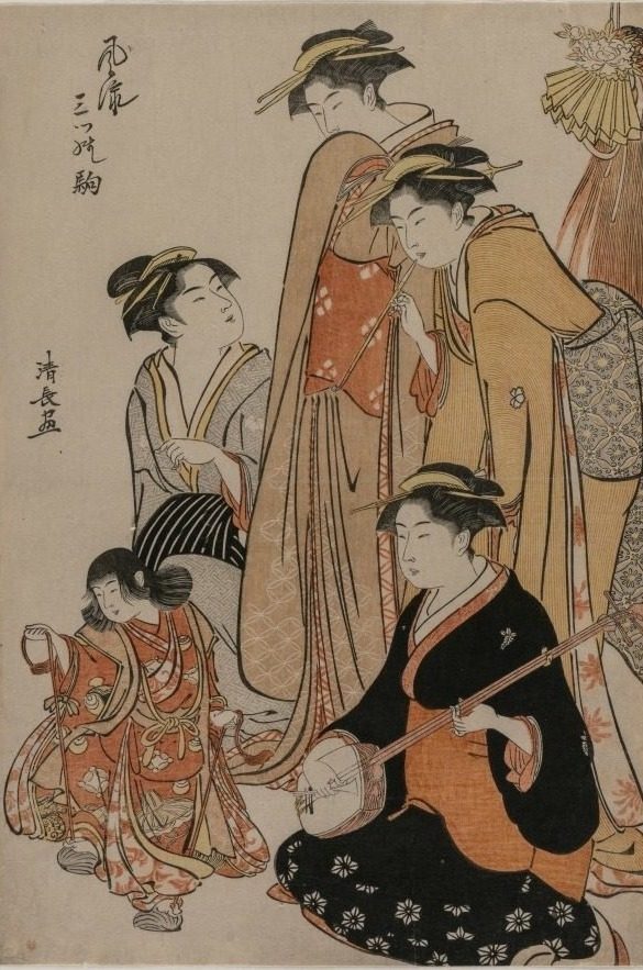 Women Watching a Girl Dance on Shells (From the series Fashionable Presentations of Three Horses) by Torii Kiyonaga (Japanese, 1752–1815)