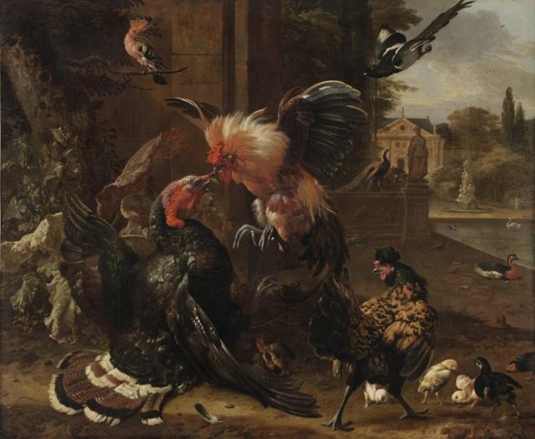 A Rooster and Turkey Fighting by Melchior de Hondecoeter (Dutch, 1636–1695)