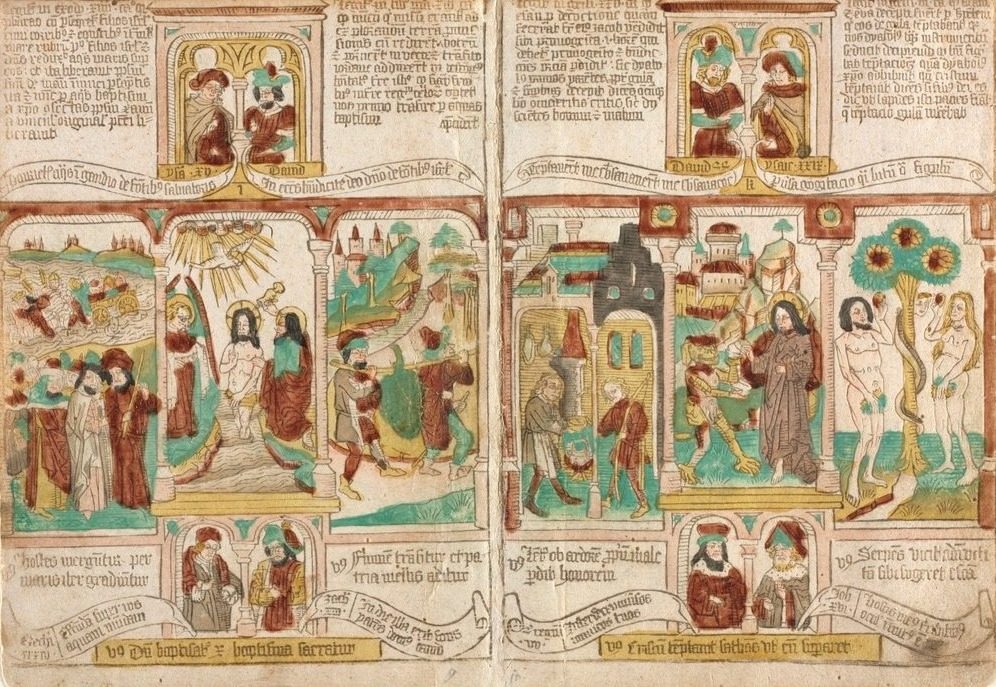 The Bible of the Poor (Biblia Pauperum),
Pharaoh's Army Drowned in the Red Sea; Baptism of Christ; and Moses' Spies Returning with Grapes from Canaan
Esau Selling Jacob his Birthright; Temptation of Christ; and Temptation of Adam and Eve