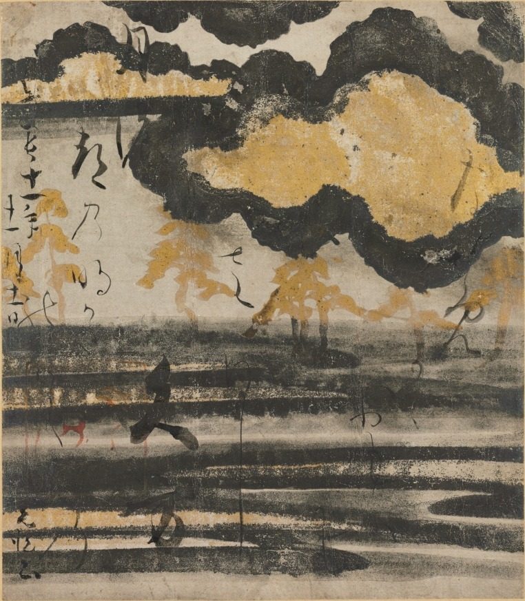 Poem-card from the Shinkokin wakashu (New Collection of Japanese Poems from Ancient and Modern Times) with Design of Pine on a Beach by Hon'ami Kōetsu (Japanese, 1558–1637)