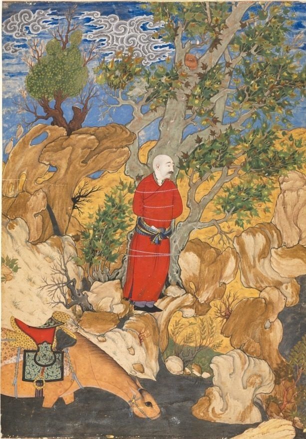 Aulad Tied to a Plane Tree, from a Shahnama by Firdausi by Sadiqi Bek (Iranian, 1533–1609)