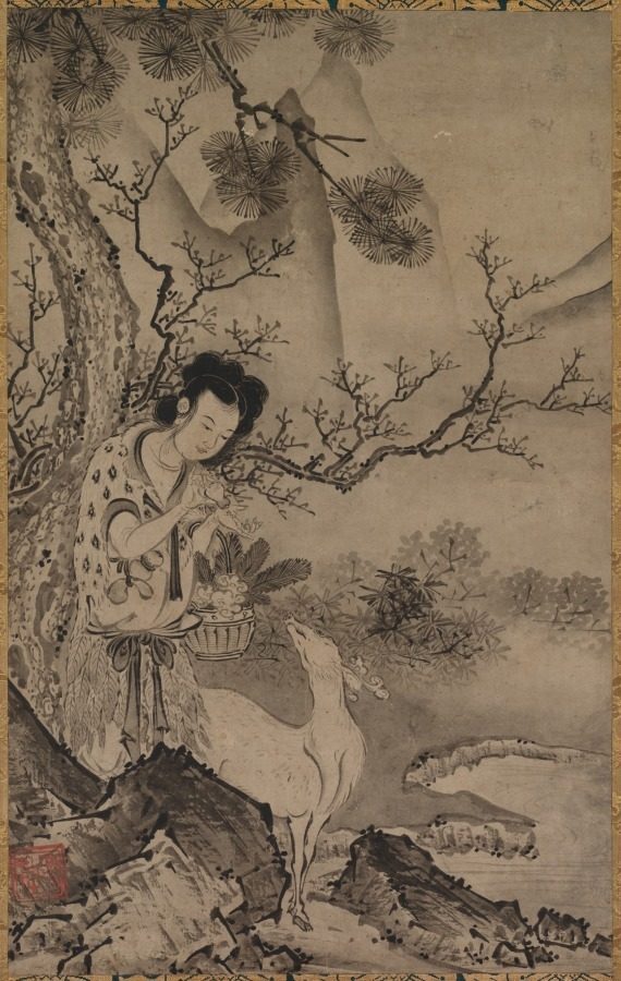 Female Daoist Figure in Landscape by Kōboku (Japanese)