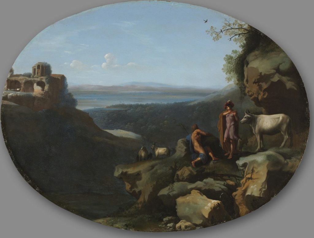 Mercury and Argus in a Landscape by Dirck van der Lisse (Dutch, 1669)