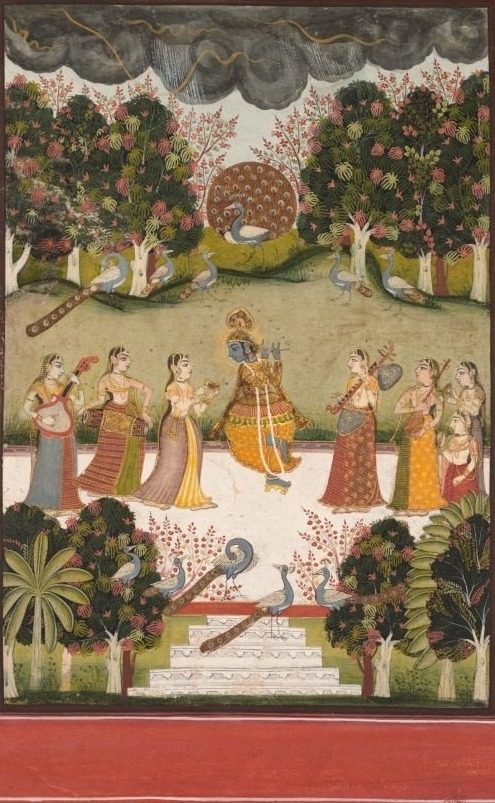 Malar Ragini: Krishna Playing the Flute to Seven Gopis Holding Musical Instruments, from the Ragamala Series