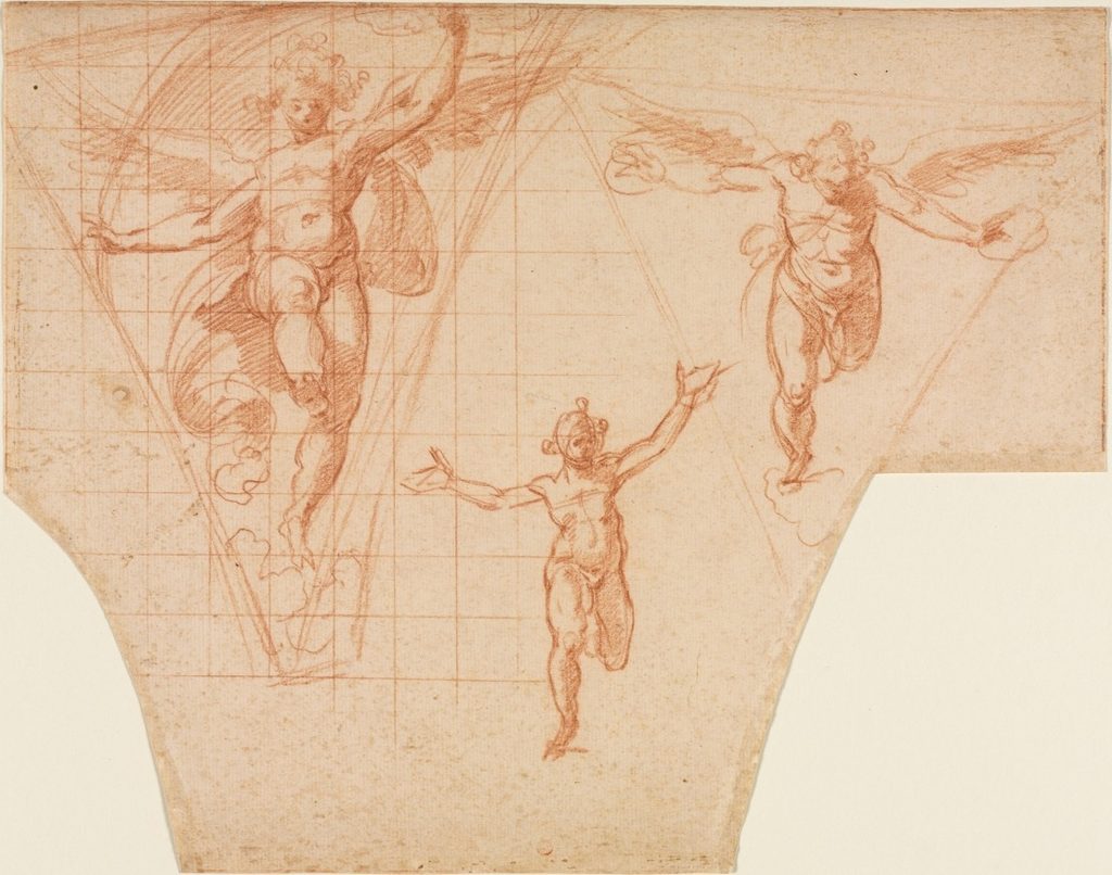 Three Studies of  Angels for a Pendentive (recto) by Cristoforo Roncalli (Italian, 1552–1626)