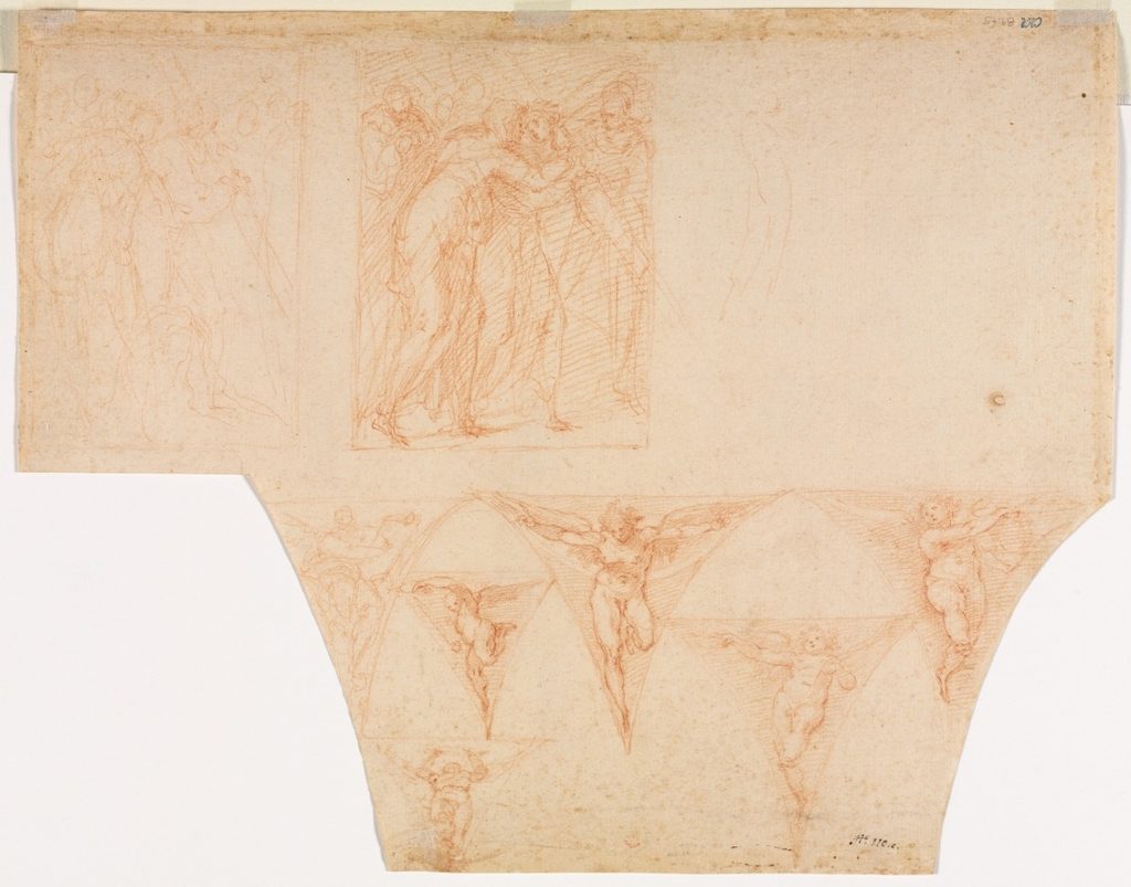Studies for Christ Meeting His Mother on the Road to Calvary, Studies of an Angel in a Pendentive (verso) by Cristoforo Roncalli (Italian, 1552–1626)
