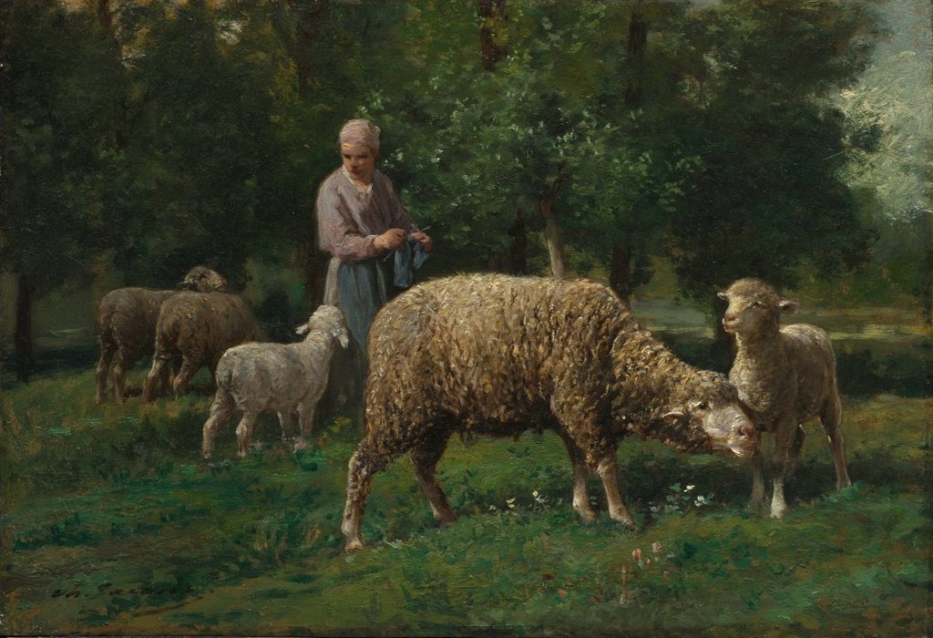 Shepherdess with Sheep by Charles-Émile Jacque (French, 1813–1894)
