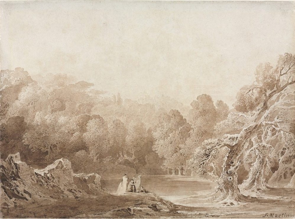 A Man Playing a Harp with other Figures beside a Lake by John Martin (British, 1789–1854)