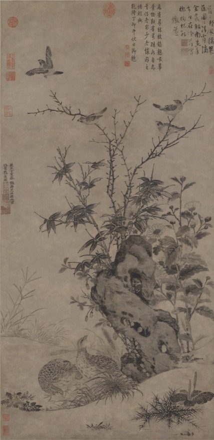 Quails and Sparrows in an Autumn Scene by Wang Yuan (Chinese, c. 1299-after 1366)
