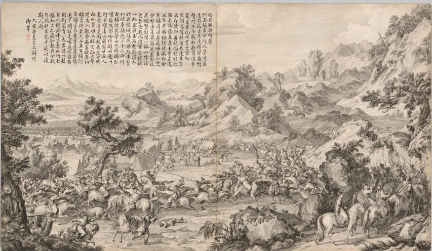 Attacking the Camp at Gatan Ola: from Battle Scenes of the Quelling of Rebellions in the Western Region, with Imperial Poems by Giuseppe Castiglione (Italian, 1688–1766)