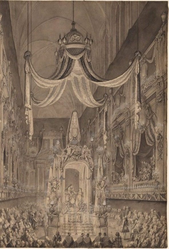 Funeral for Marie-Thérèse of Spain, Dauphine of France, in the Church of Nôtre Dame, Paris, on November 24, 1746 by Charles-Nicolas Cochin (French, 1715–1790)