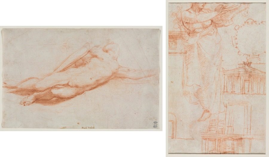 Study of a Fallen Soldier (possibly the Conversion of Saul) (recto); A Draped Female Figure (possibly an Amazon) and Architectural Studies (verso) by Correggio (Italian, 1489?-1534)