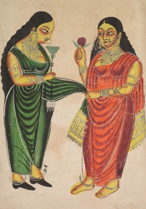 Maid bringing a hookah to a lady (recto), from a Kalighat album