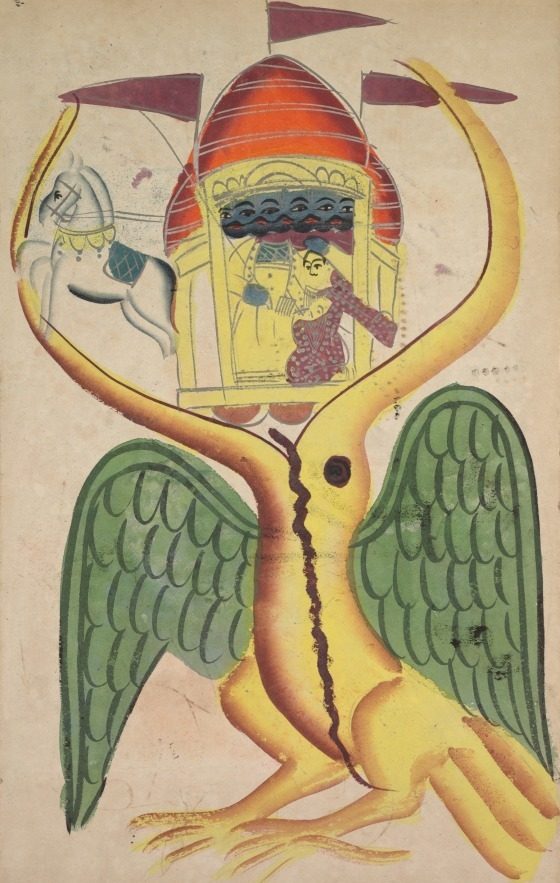 Jatayu hinders Ravana’s chariot, trying to prevent the abduction of Sita (recto), from a Kalighat album