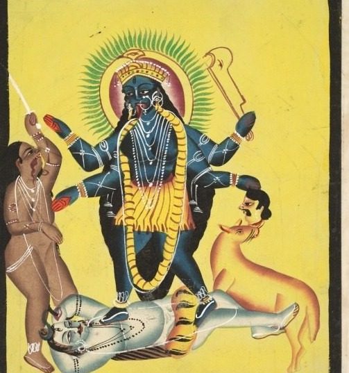 Kali Standing on Shiva (verso), from a Kalighat album
