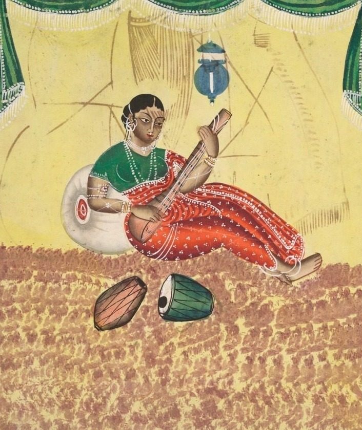 Woman Playing Music (recto), from a Kalighat album
