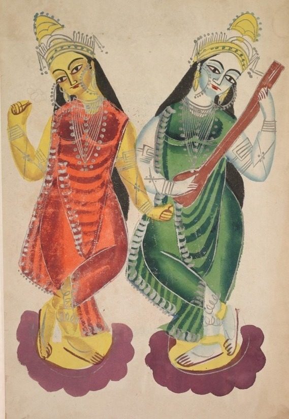 Goddesses Lakshmi and Sarasvati (verso), from a Kalighat album