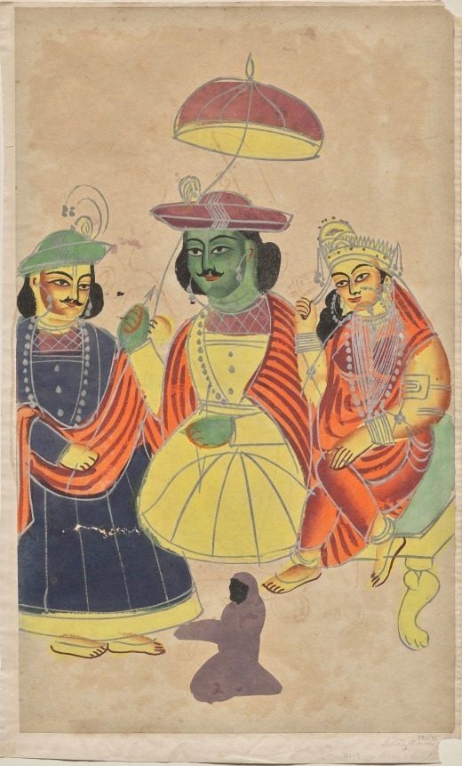 Rama and Sita enthroned with Lakshmana and Hanuman attending, from a Kalighat album
