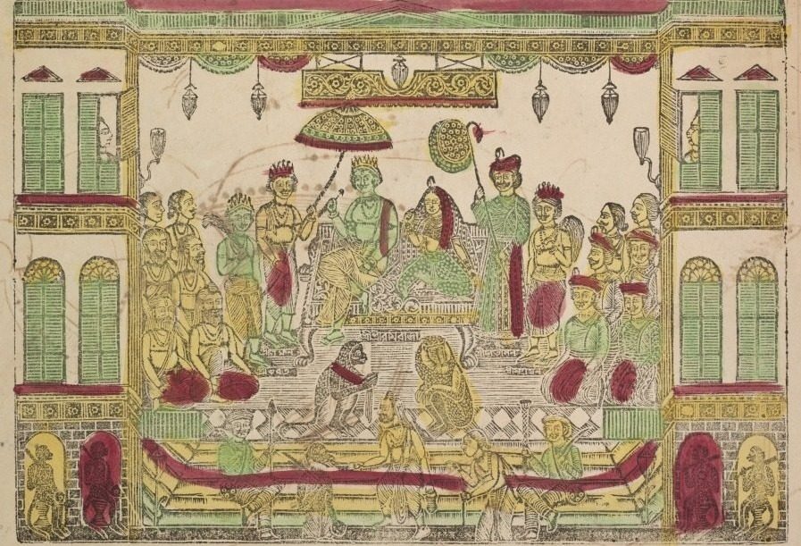 Rama and Sita in the royal palace (recto), from a Kalighat album by Shri Gobinda Chandra Roy (Indian, active late 1800s)