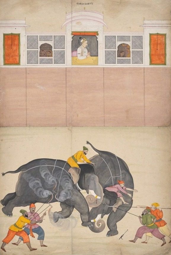 Two Elephants Fighting in a Courtyard Before Muhammad Shah by Nainsukh (Indian, 1710–1778)