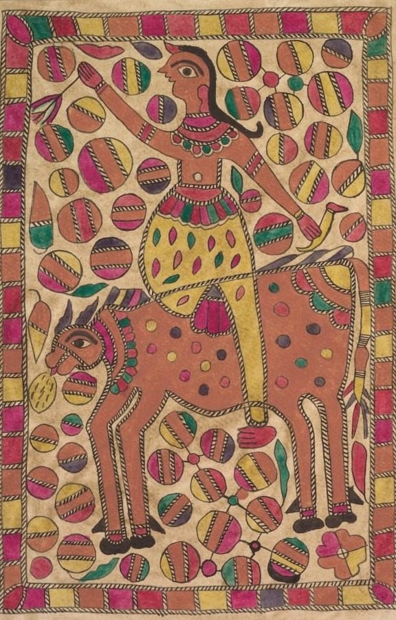 Rider and four-legged bovine creature with border of colored squares