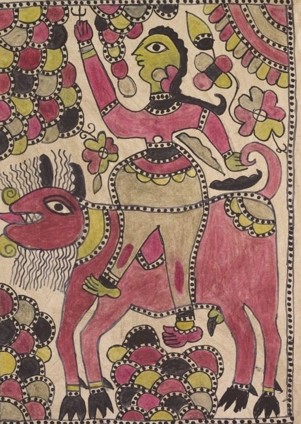 Rider and four-legged bovine creature in mauve, chartreuse and black palette