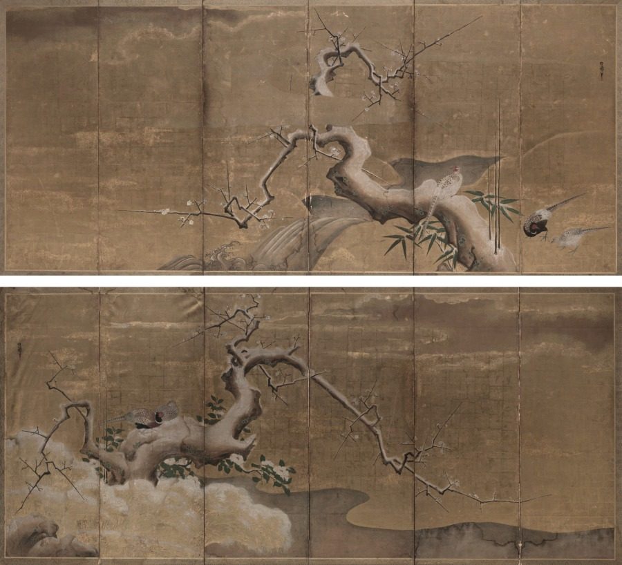 Winter Scene with Plum Trees and Pheasants by Kano Naonobu (Japanese, 1607–1650)
