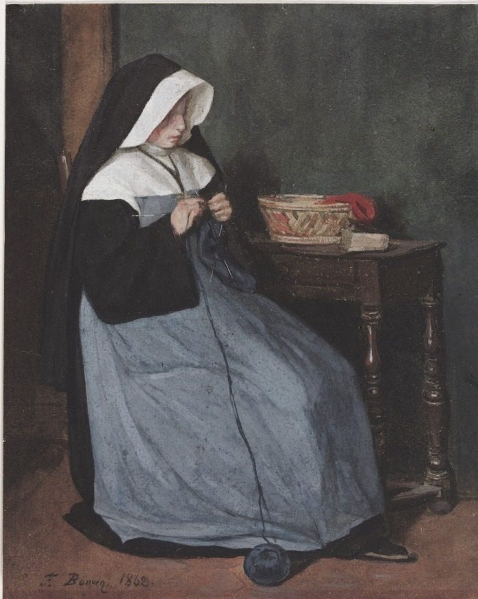 A Nun Seated at a Table Knitting by François Bonvin (French, 1817–1887)