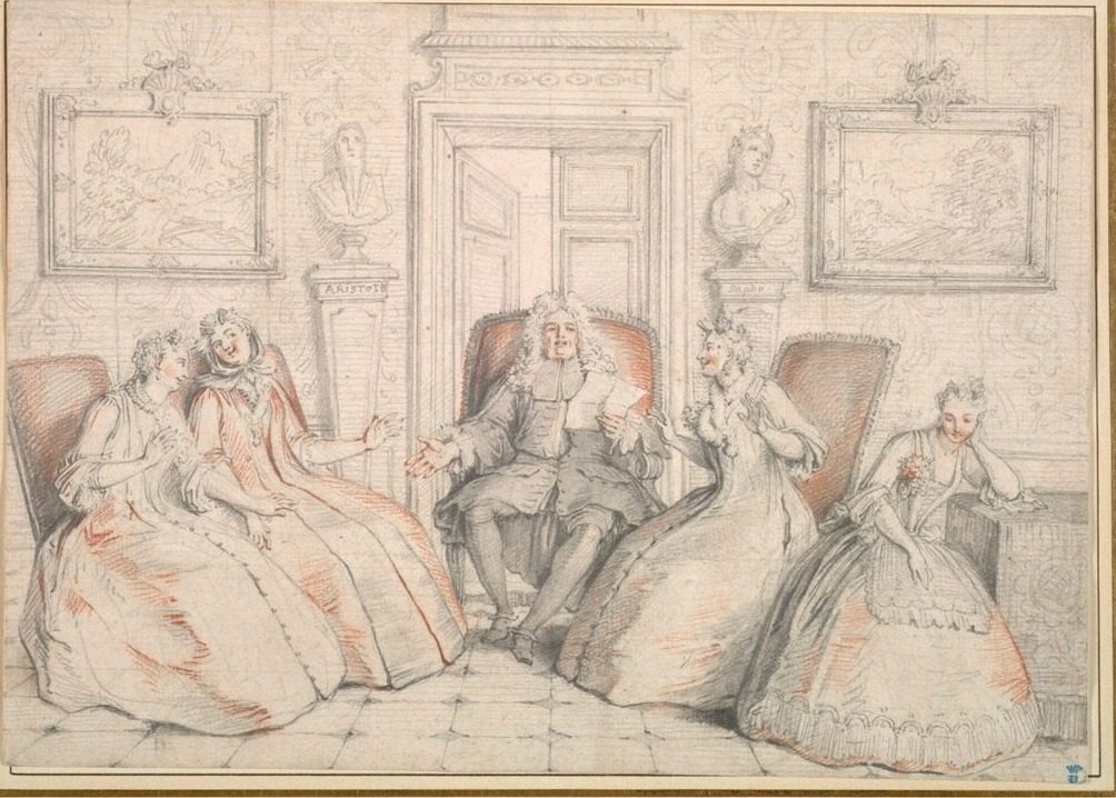 Trissotin Reading to Philaminte, Bélise, and Armande (from act 3, scene 2 of Molière's "Les Femmes Savantes" by Charles Coypel (French, 1694–1752)