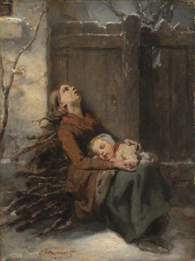 Destitute Dead Mother holding her sleeping Child in Winter by Octave Tassaert (French, 1800–1874)