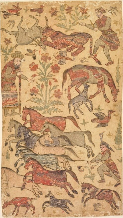 A marbled picture of Rustam catching Rakhsh by Shafi (Indian, active about 1650)