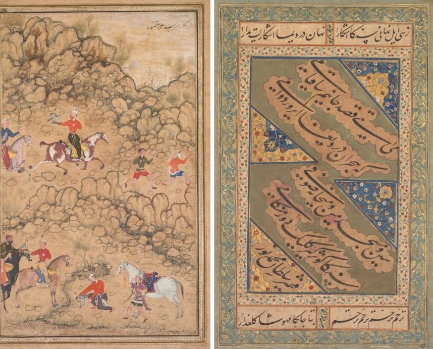 Hunting with falcons in a landscape; verso: Calligraphy of Chaghatai Turkish poems in praise of wine, Sultan Muhammad Nur (Persian, c. 1472–1536) and Mirza Muhammad (probably Persian, active c. 1520s) by Abd al-Samad (Persian, c. 1510–1600)