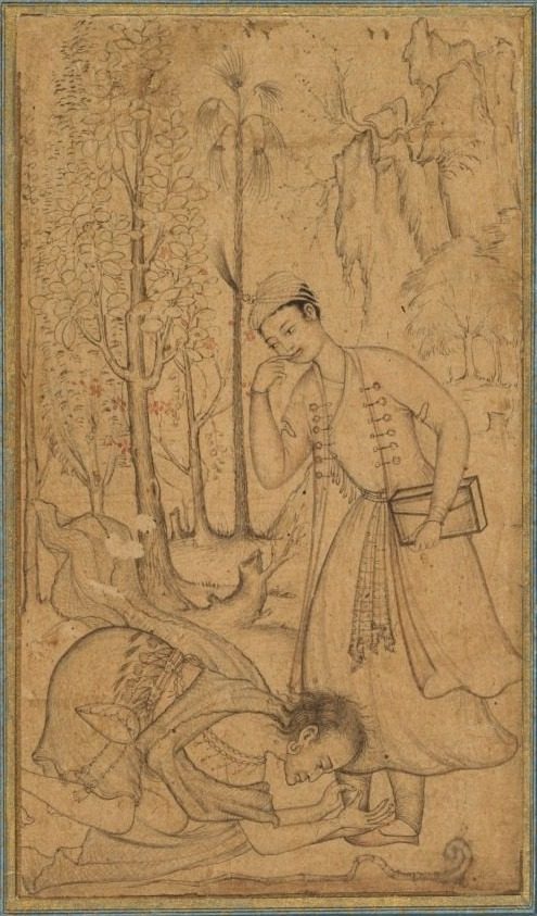 A holy man prostrating himself before a learned prince by Manohar (Indian, active late 1500s)