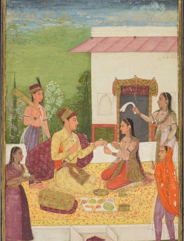 A prince conversing with a woman while taking refreshments on a terrace (recto)