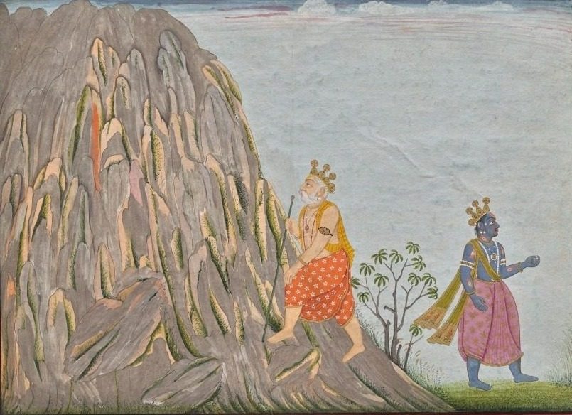 King Muchukunda Enters the Realm of Mount Gandhamadana to Attain Salvation, from the “Fifth Basohli Bhagavata Purana” by Fattu (Indian)