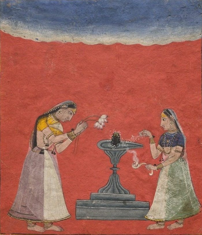 Women worshiping a Shiva linga: Devagandhari Ragini of Hindol Raga, from a Ragamala