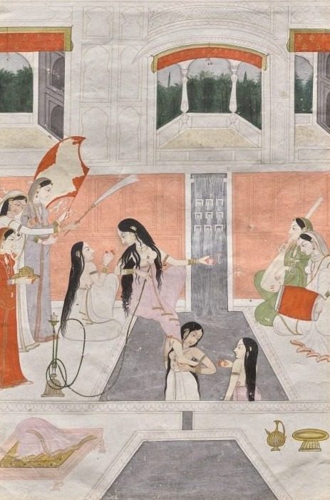 Palace women enjoy music by the side of a cascade