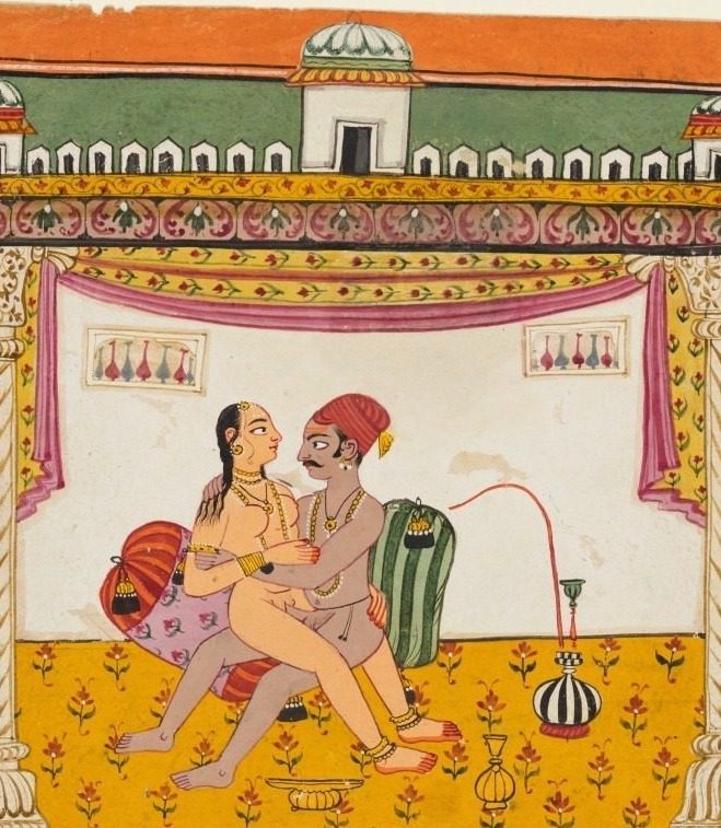 A couple seated against two pillows engaged in sex, from an erotic series