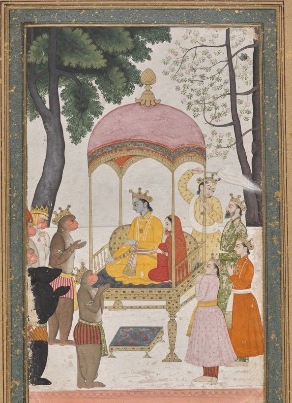Enthroned Rama and Sita receive homage from their monkey and bear Allies, from the Yuddha Kanda (Book of the War) of a Ramayana (Rama’s Journey)