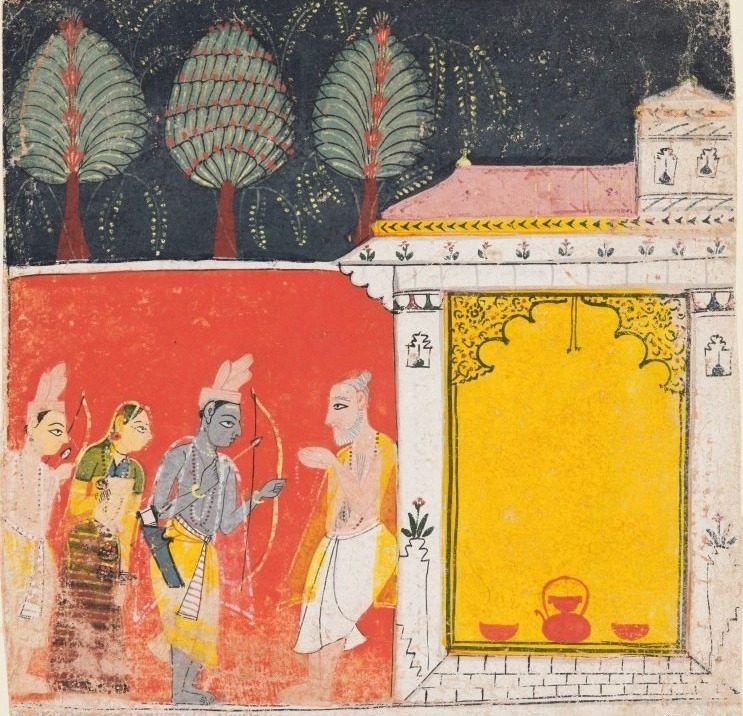 Rama, Sita, and Lakshmana visit the hermitage of the sage Bharadvaja at Prayaga, from Chapter 48 of the Ayodhya Kanda (Book of Ayodhya) of a Ramayana (Rama’s Journey)