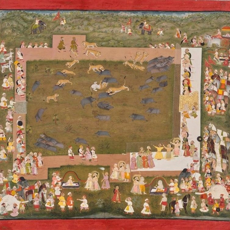 Maharana Sangram Singh II of Mewar (r. 1710–34) and Stages a Boar Hunt with Tigers at Sadri