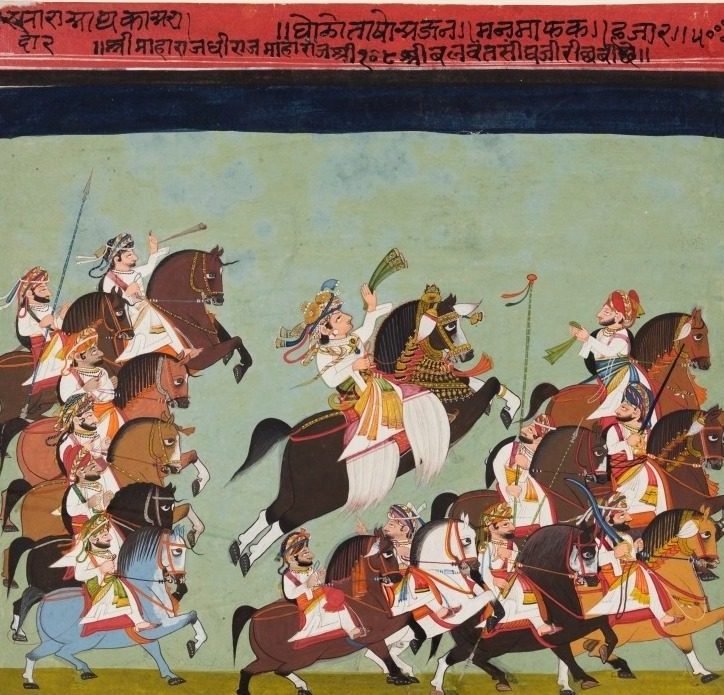 Maharaja Balwant Singh of Ratlam (r. 1825–57) in Procession with His Relatives and Courtiers by Kushala (Indian, active c. 1825)